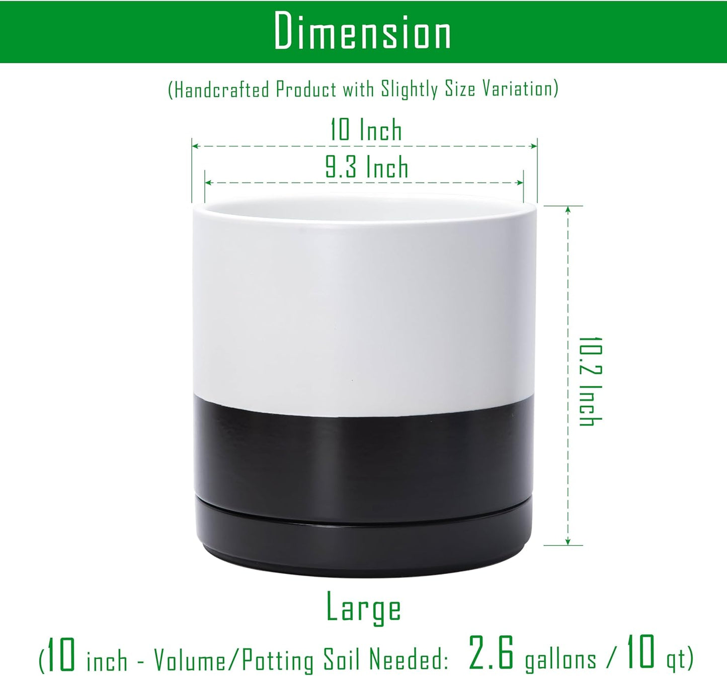 D'vine Dev 10 Inch Ceramic Planter Pot with Drainage Hole and Saucer, Indoor Cylinder Round Planter Pot, Layered Monochrome Black & White, 94-O-E-L