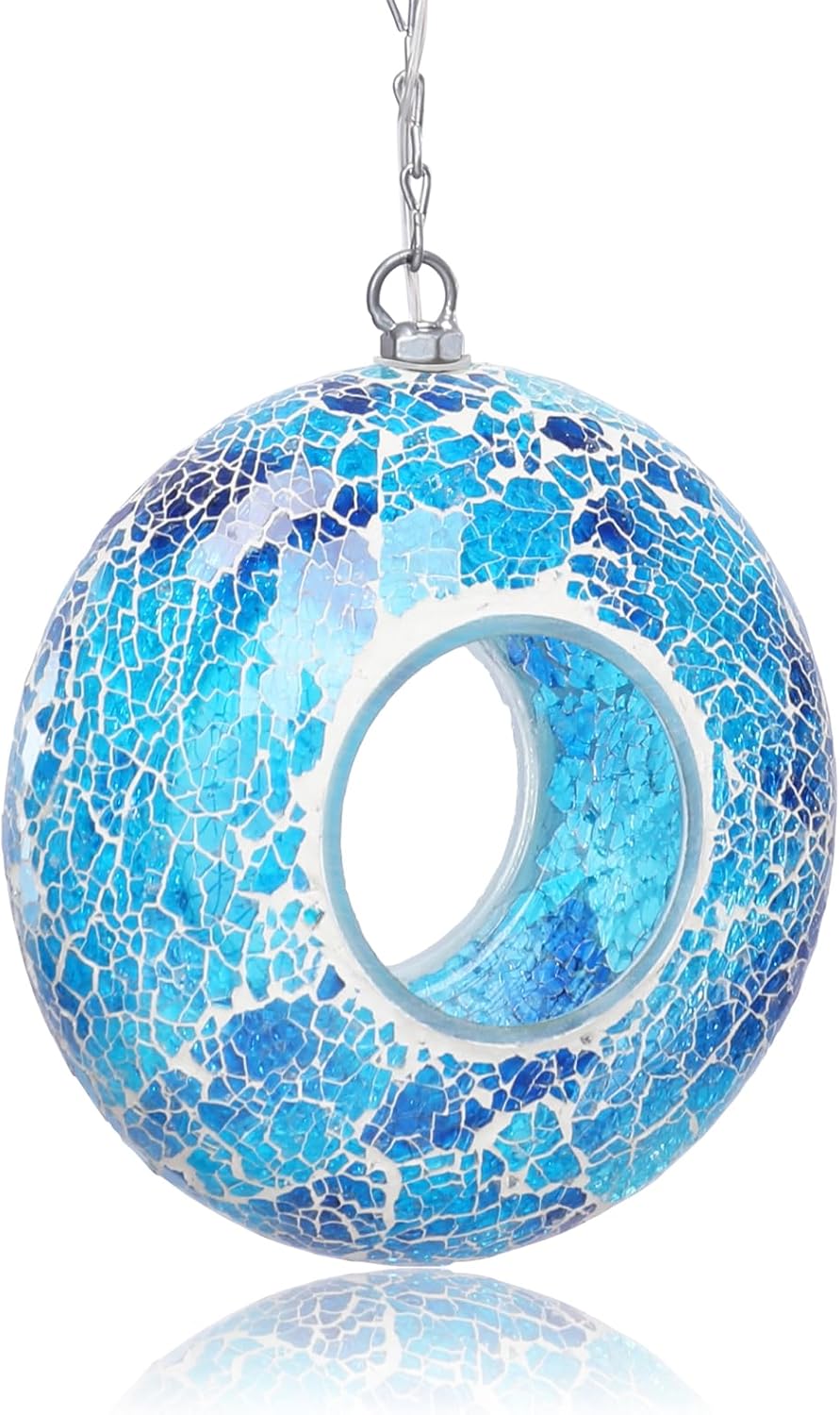 Yinns Solar Bird Feeder - Mosaic Fly Through Bird Feeders for Outside Hanging with Round Shape Glass Container Birdfeeder for Garden Decor, 8 Inch