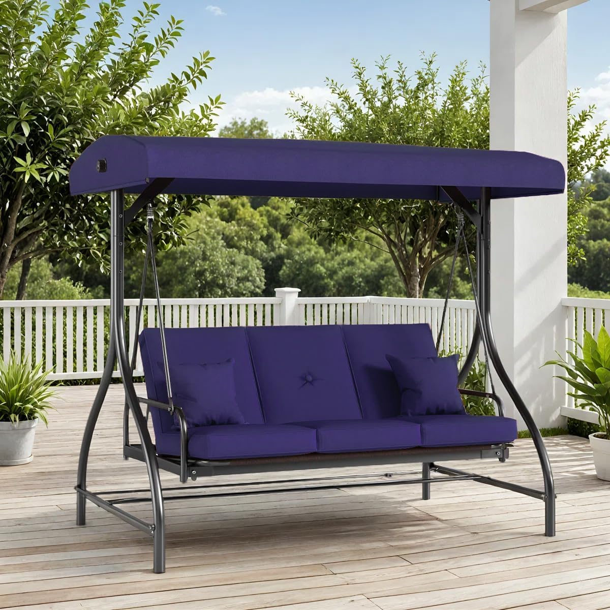 TLSUNNY 3-Seat Outdoor Patio Porch Swing with Adjustable Canopy & Backrest, Convertible Glider Bed with Stand, Removable Seat Cushion, 45° Tilt Adjustment for Backyard, Poolside, Balcony - 750LBS