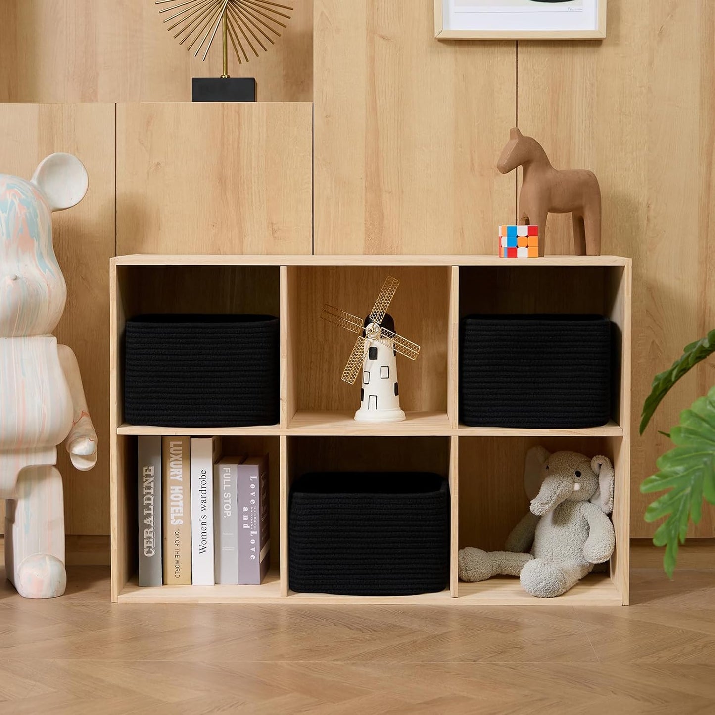 Small Organizing Baskets for Cubes Shelf, 9.7x9.7x7.1 Inch Rope Woven Storage Bins for Nursery Shelves Storage, Cute Toy Basket, Square 3 Packs Black