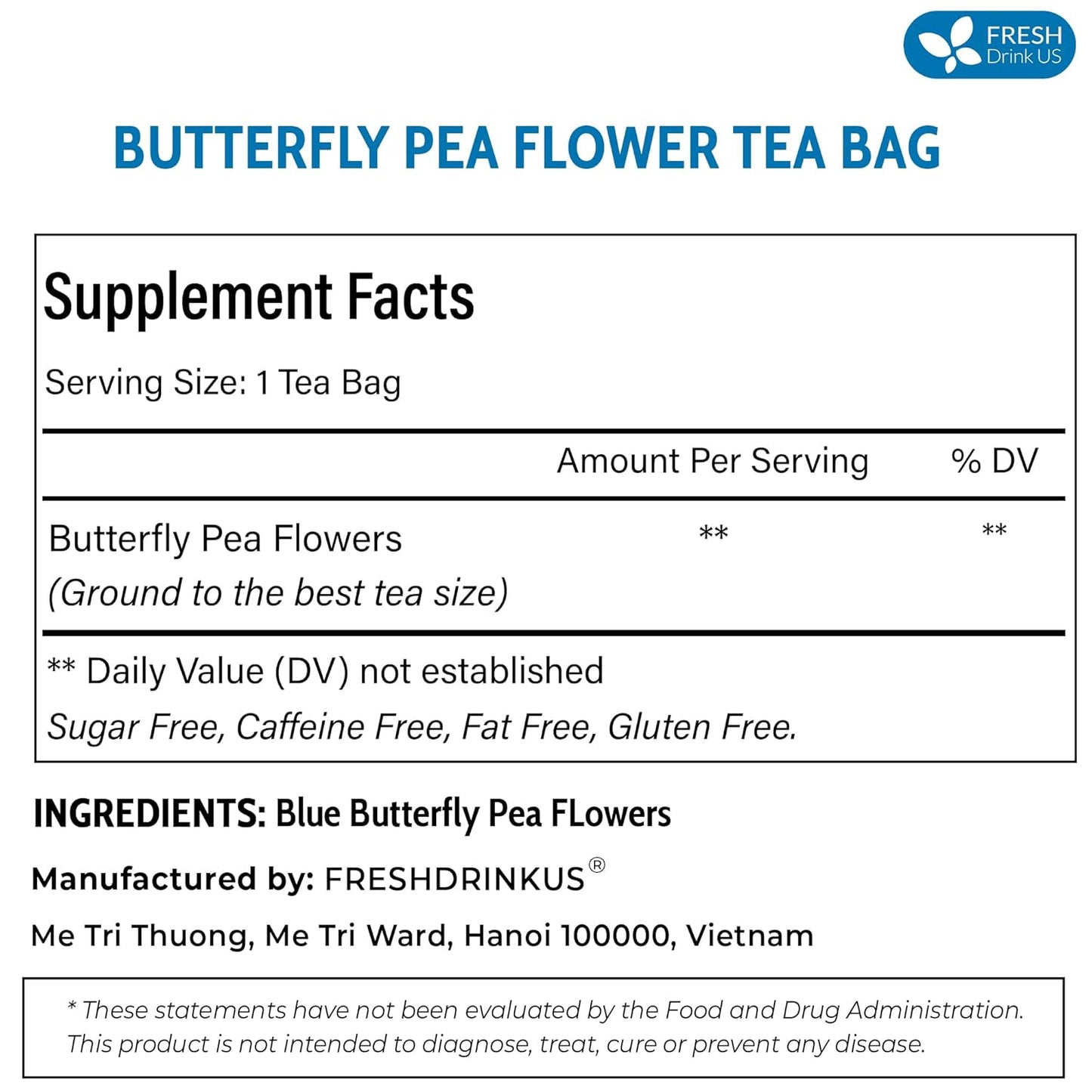 FreshDrinkUS, 100 Premium Butterfly Pea Flower Tea Bags – 100% Pure & Natural | Caffeine-Free Herbal Blue Tea | No Additives, Non-GMO, Made With Natural Material Tea Bag, No Sugar, No Caffeine, No Gluten, Vegan