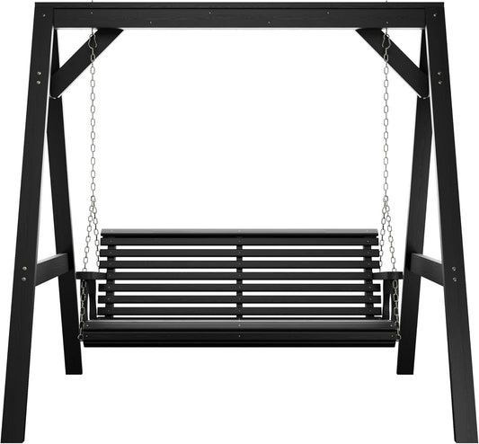Amish Casual 5 Foot Roll Back Swing with A-Frame Stand in Semi Solid Black - Freestanding Wood Porch Swing for Patio, Yard or Garden