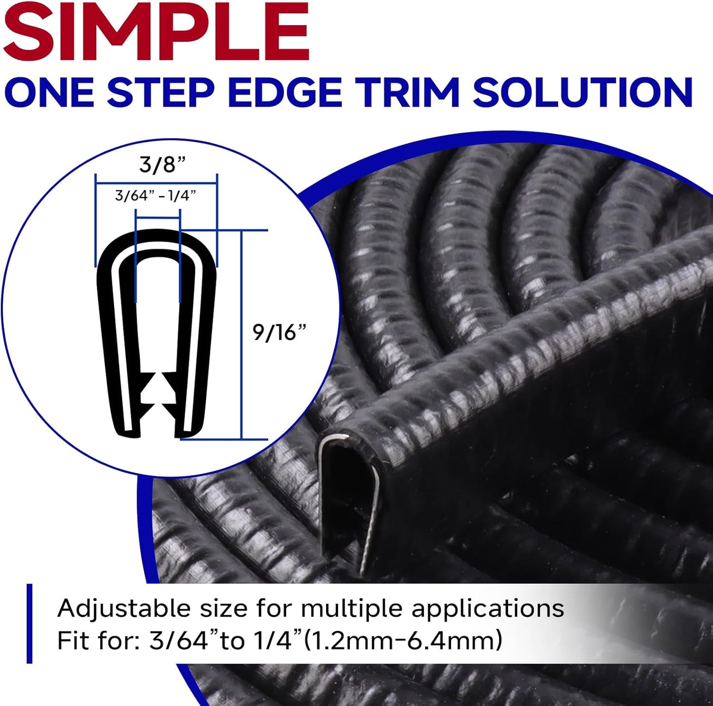 Rubber Edge Trim, U Channel Edge Trim with Metal Clips Edge Guard Protector, PVC Rubber Seal Strip for Sheet Metal, Car Doors, Hatches, Table Corners, Fit 3/64" to 1/4"(1.2mm-6.4mm), 25Ft, Black