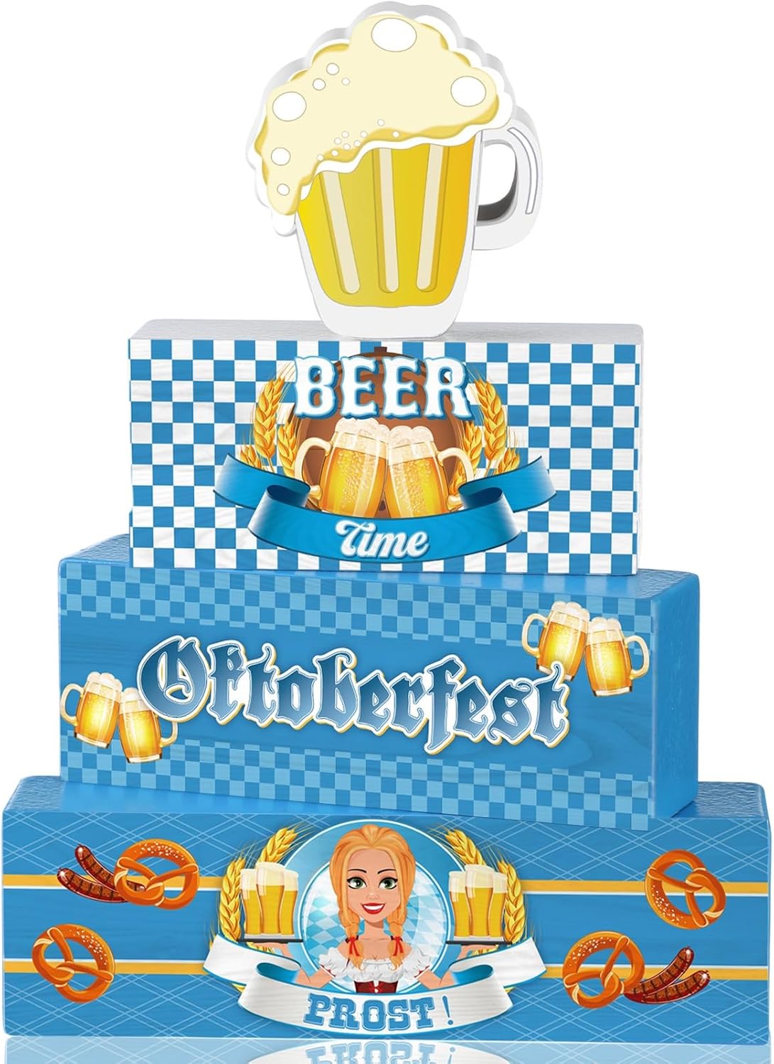 Yalikop 4 Pcs Oktoberfest Table Decorations Wooden Oktoberfest Tiered Tray Decorations October Festival Wooden Block Centerpieces for Tables for Home Shelf