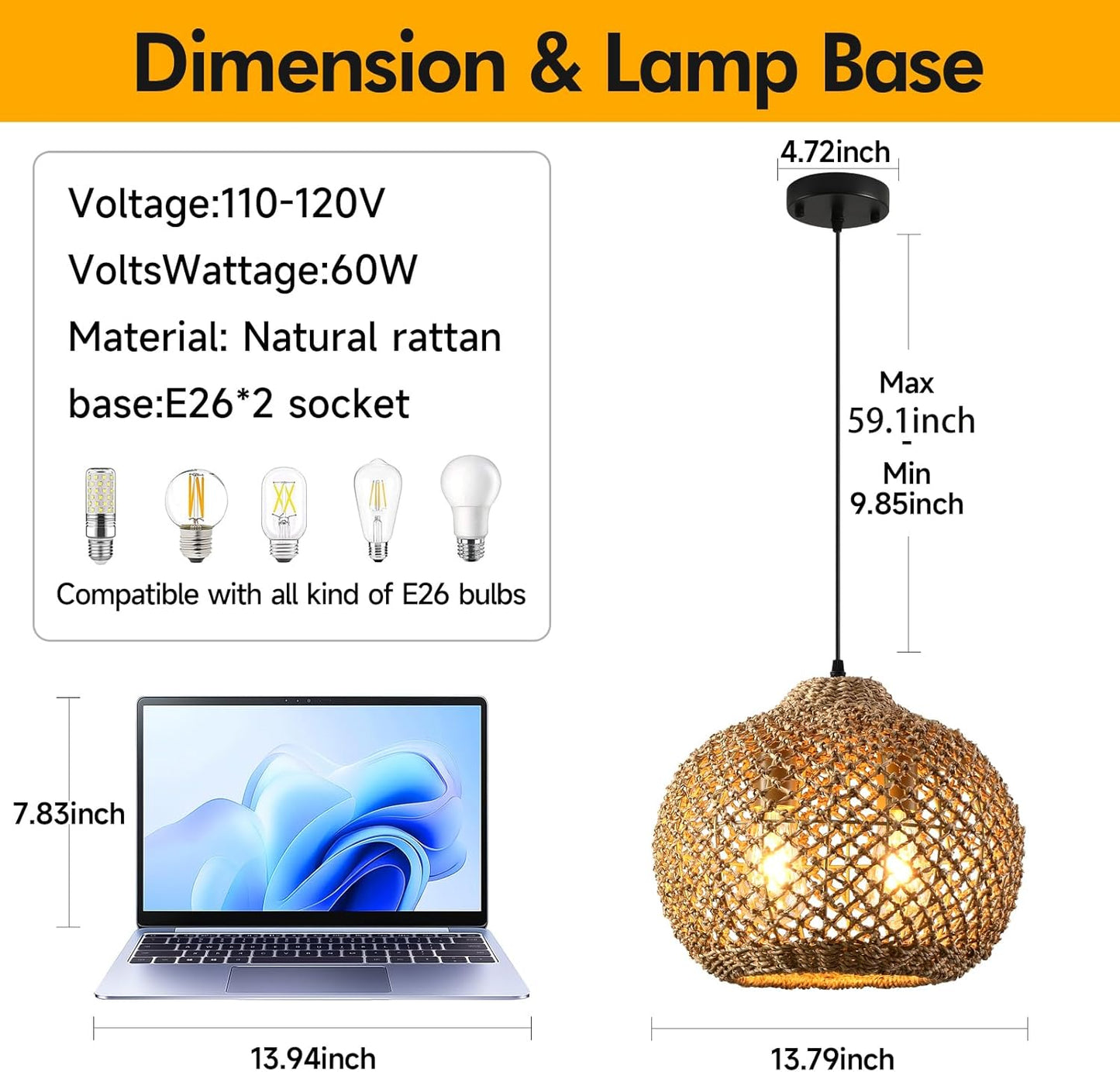 13.79" Rattan Pendant Light, Boho Handmade 2-Light Wicker Chandelier, for Kitchen Island, Bedroom, Dining Room, Entryway, Foyer