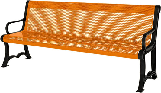 Coated Outdoor Furniture Heavy-Duty Outdoor Bench Thermoplastic Coated, Punched Steel, Commercial-Grade Garden Bench, Made in America (Portable with Back, 4 Ft, Orange)