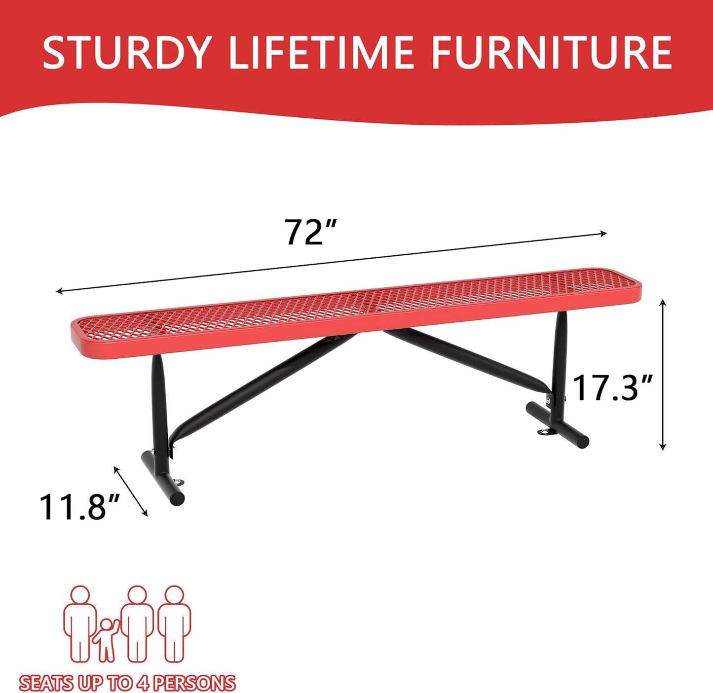 6 Feet Heavy Duty Metal Park Bench for Outside, Outdoor Bench with Portable Frame, Commercial Benches for Shopping Mall, Store, Park, Patio, Deck, Red