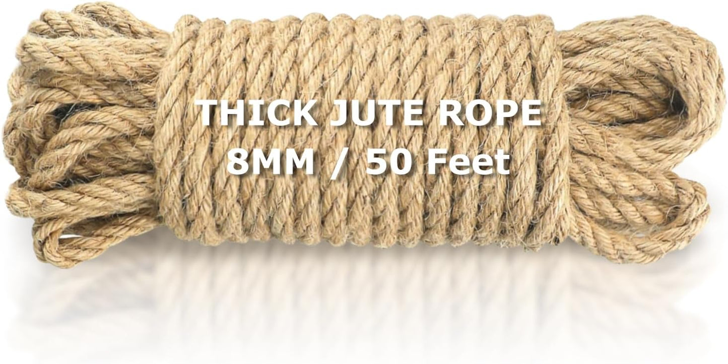 Vanhench Jute String Rope 8mm x 50 Feet, Heavy Duty and Thick Twine Rope for Crafts Projects, Gardening, Bundling, Cat Scratcher Scratching Post Tree Gift Wrapping Arts & Crafts Christmas Decoration