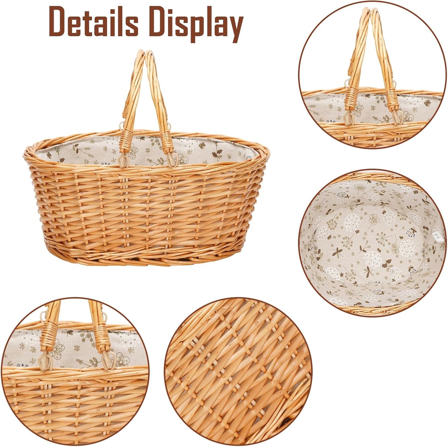 Wicker Picnic Basket with Double Folding Handles, Natural Large Willow Hamper Empty Basket Cheap Easter Eggs Candy Storage Wine Basket for Toy, Flower, Wedding（White 16inch）