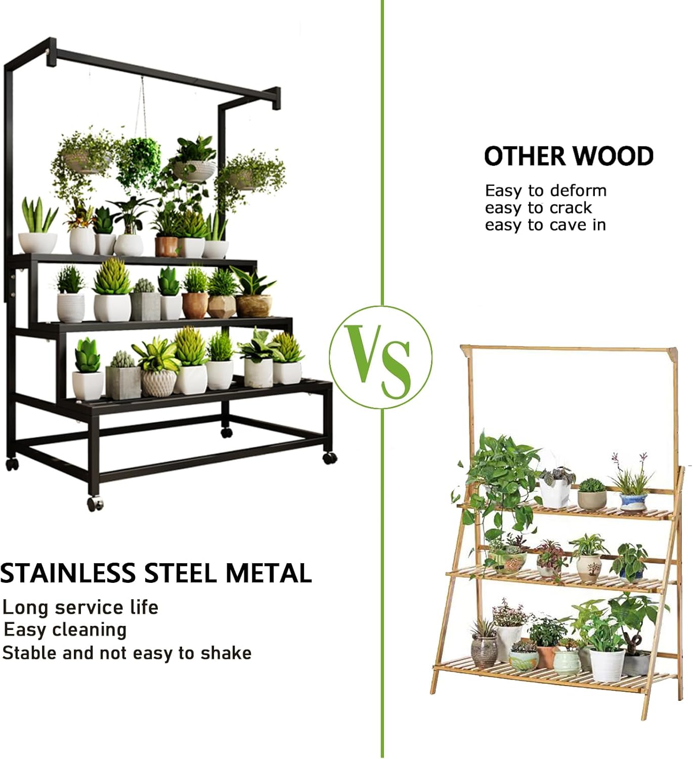 3 Tier Large Metal Plant Stand, with Hanging Tall Plant pot shelf, with Rollers Heavy Duty Plant Holder, for Home/Garden/living room/balcony (BLACK, 47IN)