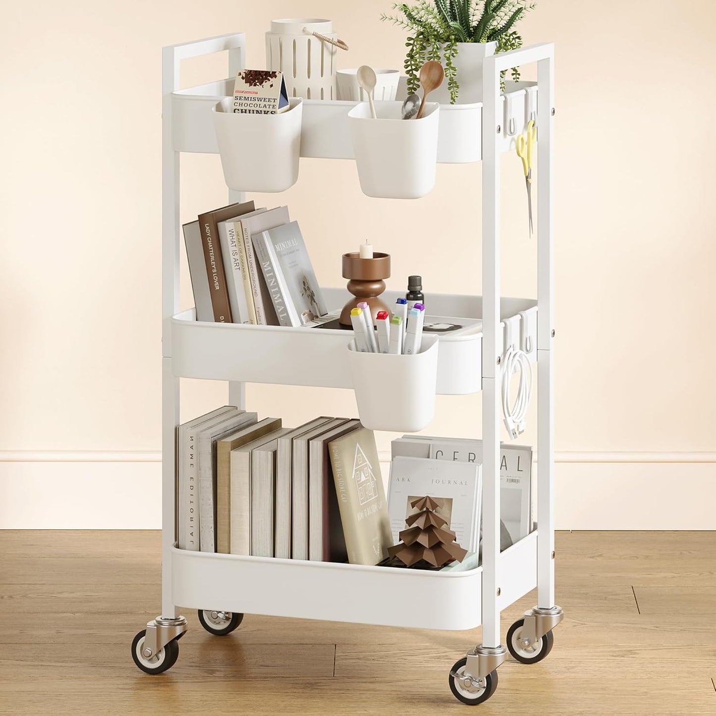 3 Tier Rolling Cart,Utility Cart with Locking Wheels, Hanging Cups,&Hooks, Heavy Duty Metal Storage Organizer Cart for Kitchen,Office, Bathroom,Craft Room,White