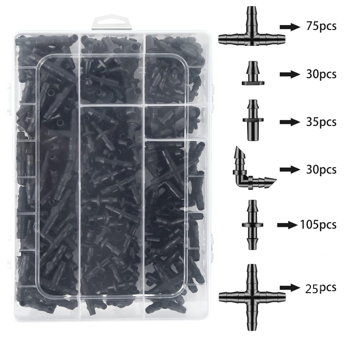 300 Pcs Barbed Connectors Drip Irrigation Fittings Kit, 1/4" Drip Irrigation Kit for Garden Flower Pot Greenhouse Lawn (Straight Barbs,Single Barbs,Tees,Elbows,End Plug,4-Way Coupling)