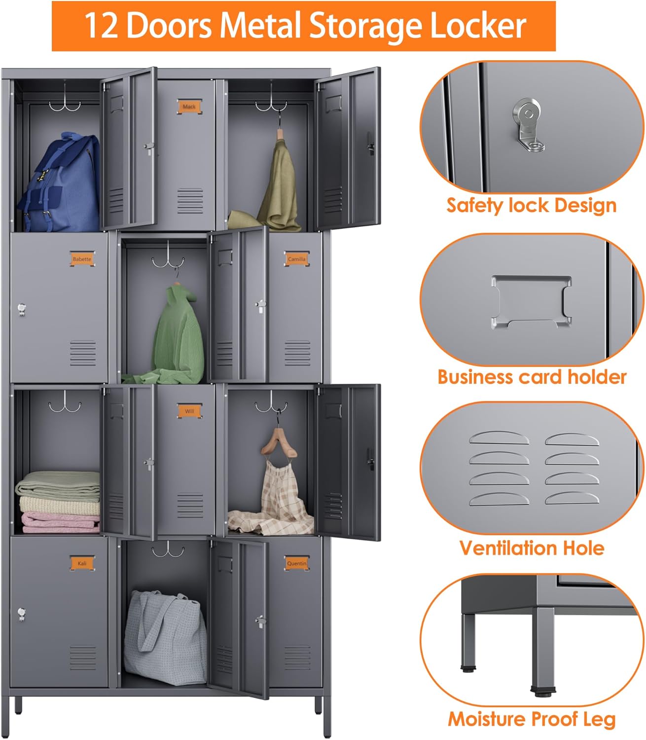 12 Doors Employee Lockers,72" H Metal Storage Lockers for Employees with 12 Hooks for Offices School Gyms Home,Assembly Required,Dark Grey