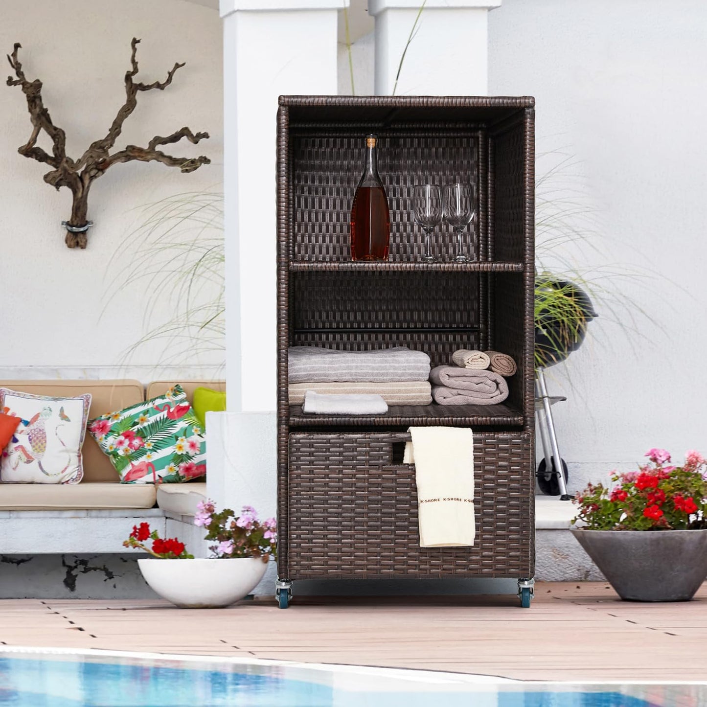 Outdoor Pool Towel Storage Cabinet Organizer Towel Valet Rack with Storage Shelves & Drawer Patio Wicker Pool Towel Holder with Rolling Wheels Poolside Caddy w/Cover for Hot Tub Spa Brown