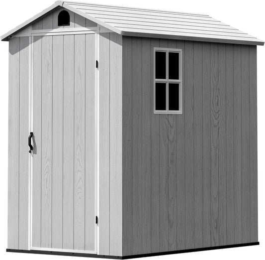 Greesum 4×6FT Plastic Outdoor Storage Shed with Floor, Resin Storaged Sheds with Lockable Door, Window & Vent, All-Weather Tool Sheds for Garden, Backyard, Patio, Light Gray (One-Piece Panel)