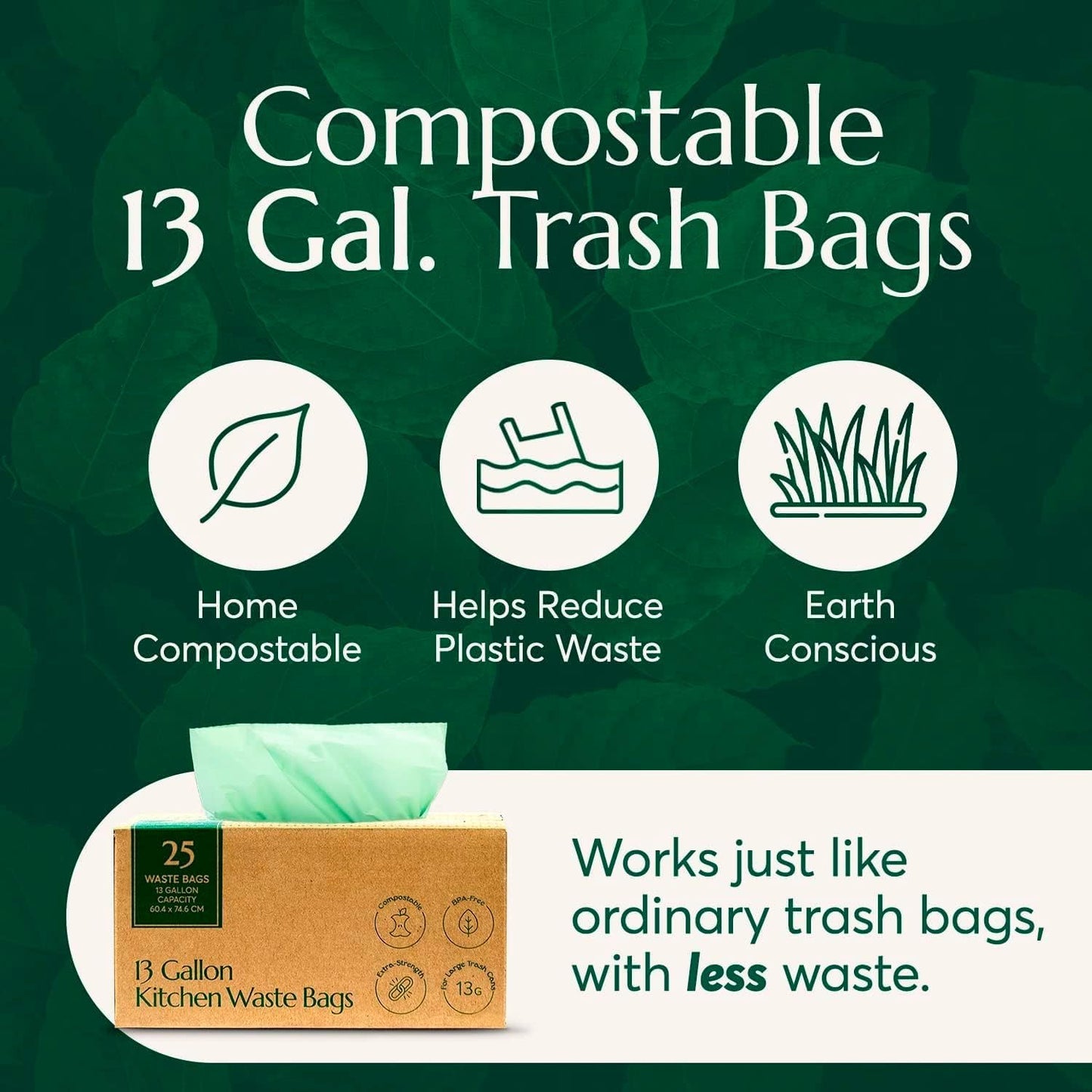 Cleanomic Compostable* 13 Gallon Trash Bags with Drawstring (3 Pack, 75 Count), BPI Certified For Kitchen Compost