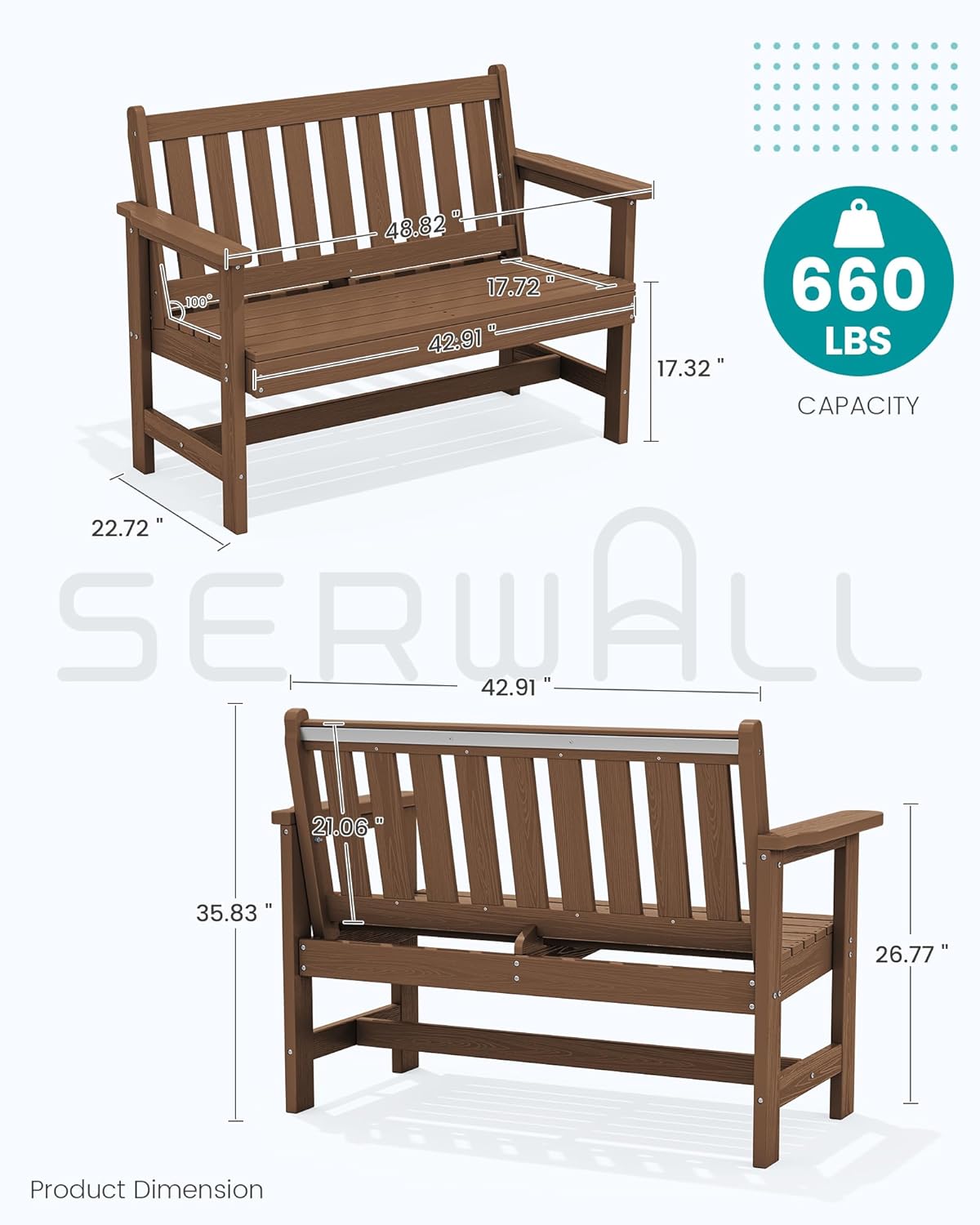 SERWALL Outdoor Bench, HDPE Outdoor Benches Weatherproof, 2-Person Garden Bench with 660 lbs Weight Capacity, Patio Benches for Outdoors, Garden, Porch, Backyard and Park, Brown, 2 Pack