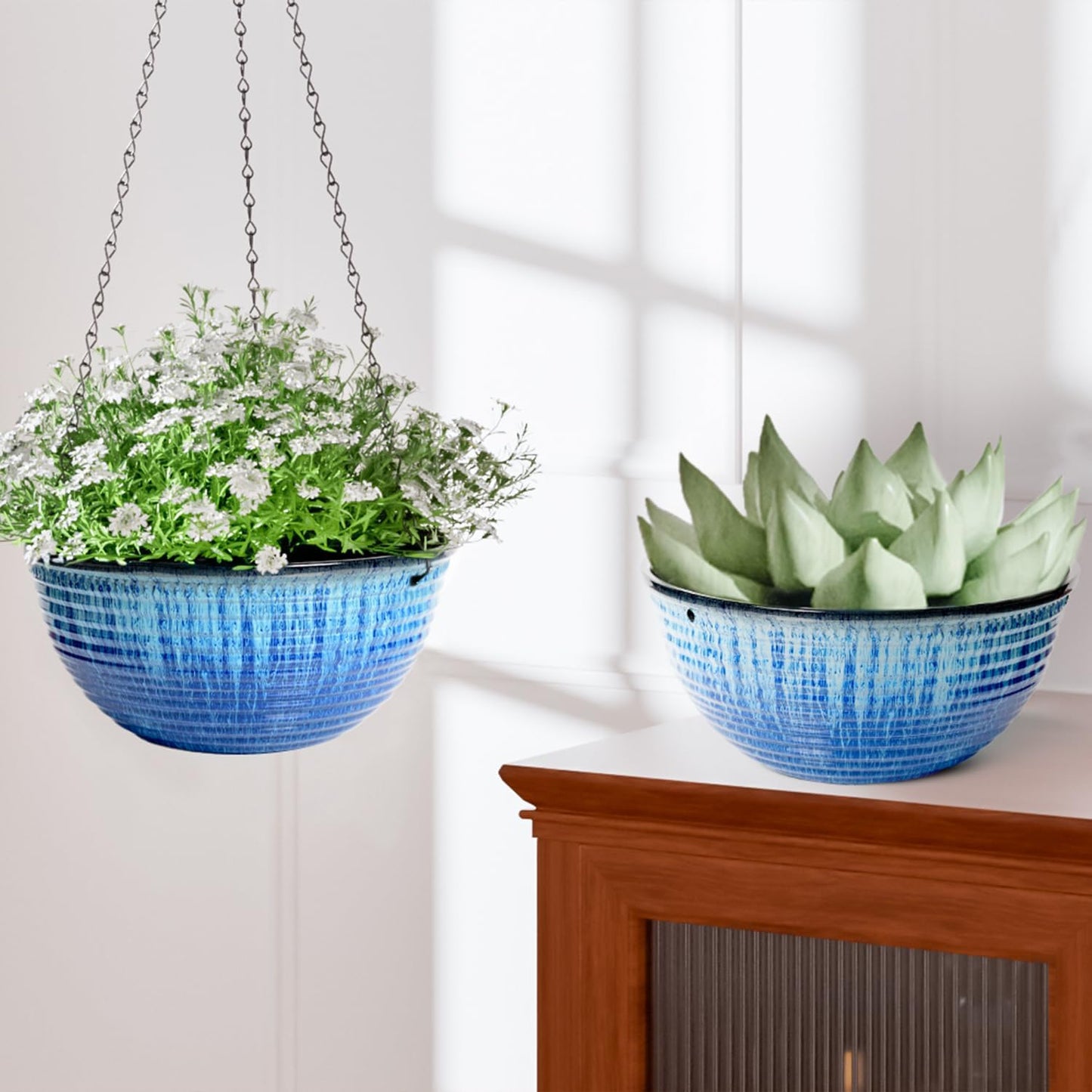 10inch Hanging Planters for Indoor and Outdoor Plants, 2 Pack Hanging Planter with Drainage Hole, Round Hanging Flower Pots for Garden Home Decor (Blue Glaze)