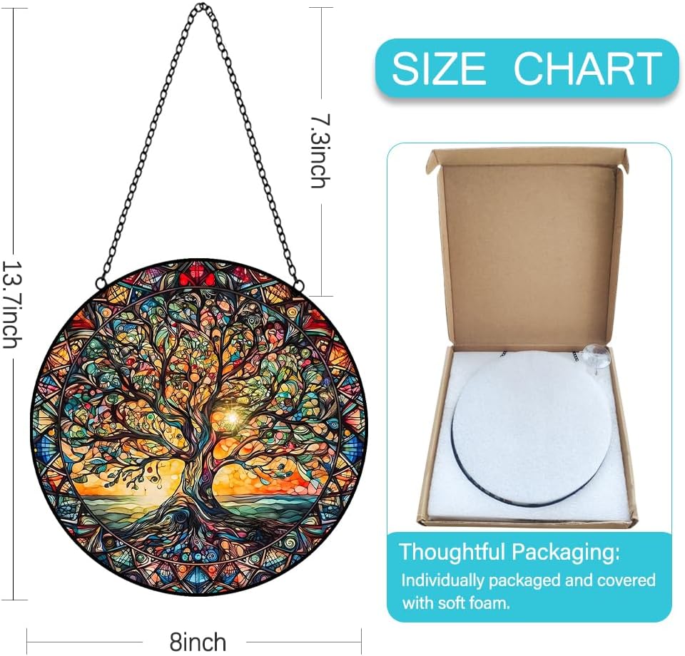 Tree of Life Suncatcher Stained Glass Window Hanging - 8″ Handmade Sun Catchers Indoor Window Catcher Suncatchers for Windows Hanging - Wall Art Home Garden Fall Decor Birthday Gifts for Women Men