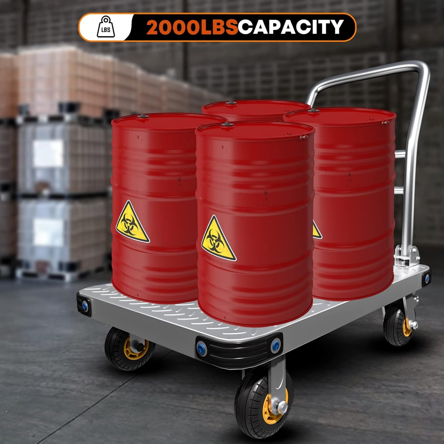 Heavy Duty Platform Truck Flat Moving Cart Hand Trucks,2000Lbs Steel Push Cart Dolly, 36 x 24in Large Flatbed with 5'' 360 Degree Swivel Wheels for Easy Storage