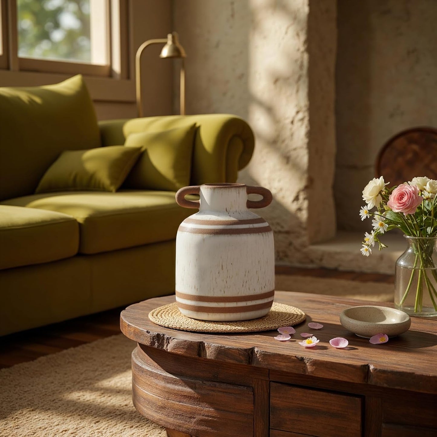 Rustic Farmhouse Ceramic Vase, Pastoral with 2 Ear Design, Boho Vintage Terracotta Vases for Bouquet、Fake Plants, Suitable for Home Decor, Shelf, Dining Table, Living Room, Mantle, Bathroom, 5.9 Inch