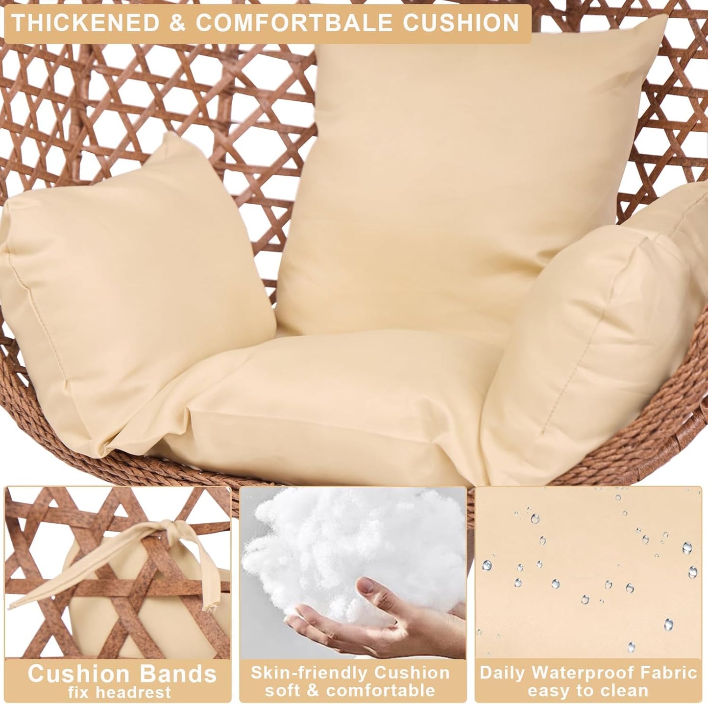 Indoor Hanging Chair with Stand for Bedroom, Hexagon Rattan Wicker Swing Egg Chair for Bedroom Porch Garden Patio Outdoor, Hammock Egg Swing Chair with Cushion,350LBS Capacity (Beige)