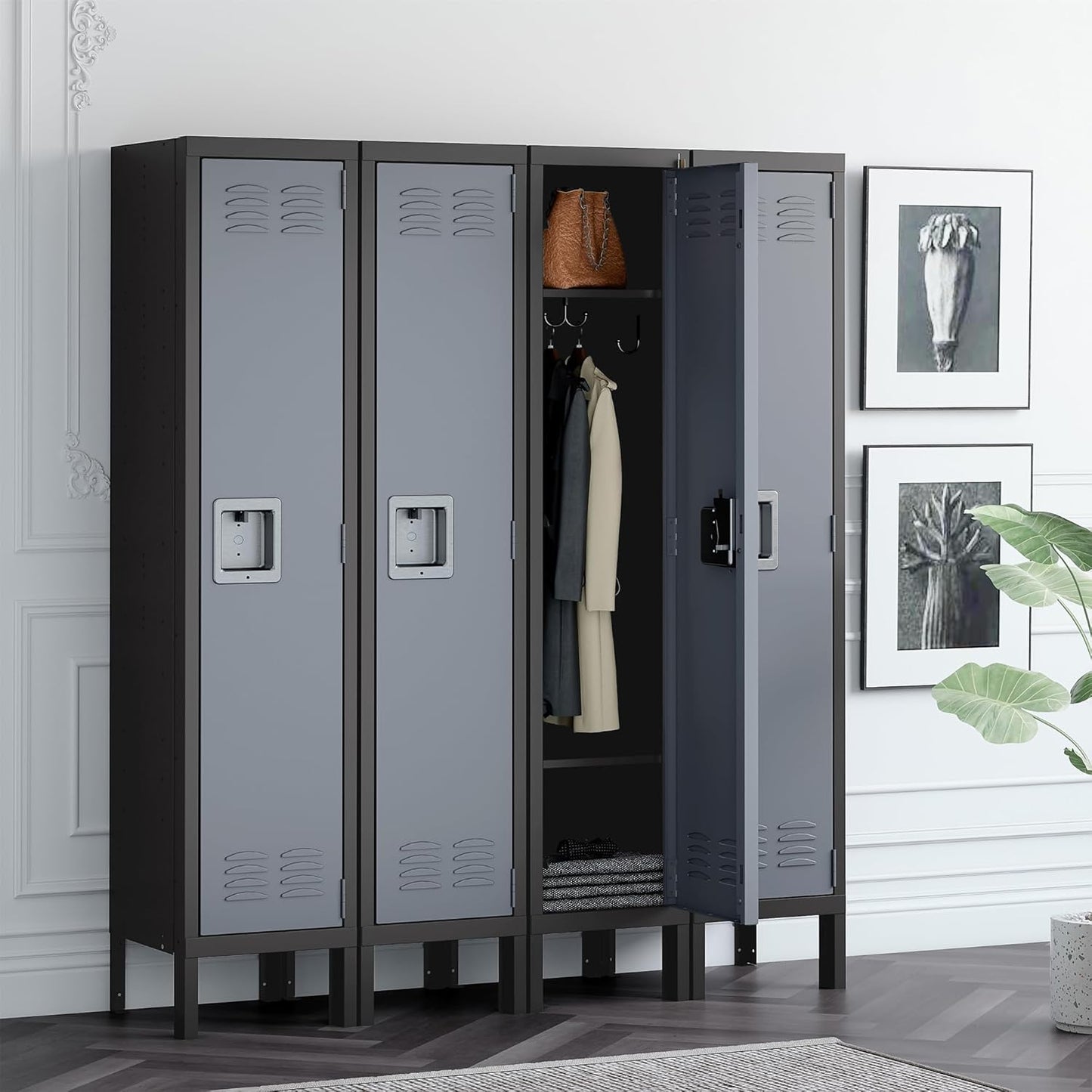 Metal Locker for Home, Dressing Room, Gym, 65.98" Steel Storage Lockers for Employees, Lockable Locker Cabinet with 1 Door (Grey Black)