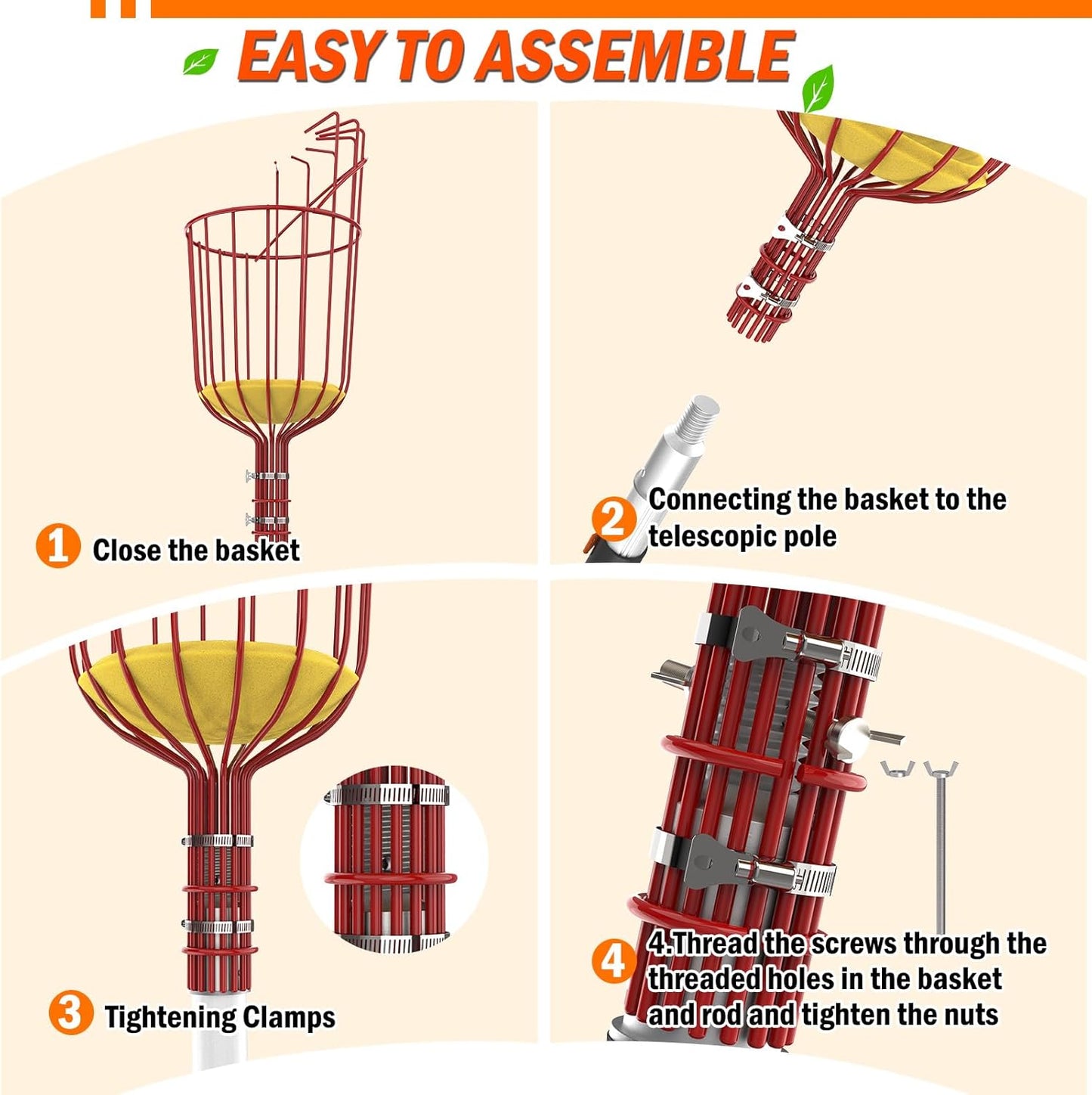 26FT Reach Fruit Picker Pole with Basket Telescoping, Apple Picker with 5-20FT Telescoping Pole for Apple Orange Lemon Mango Avocado Guava Fruit Picking