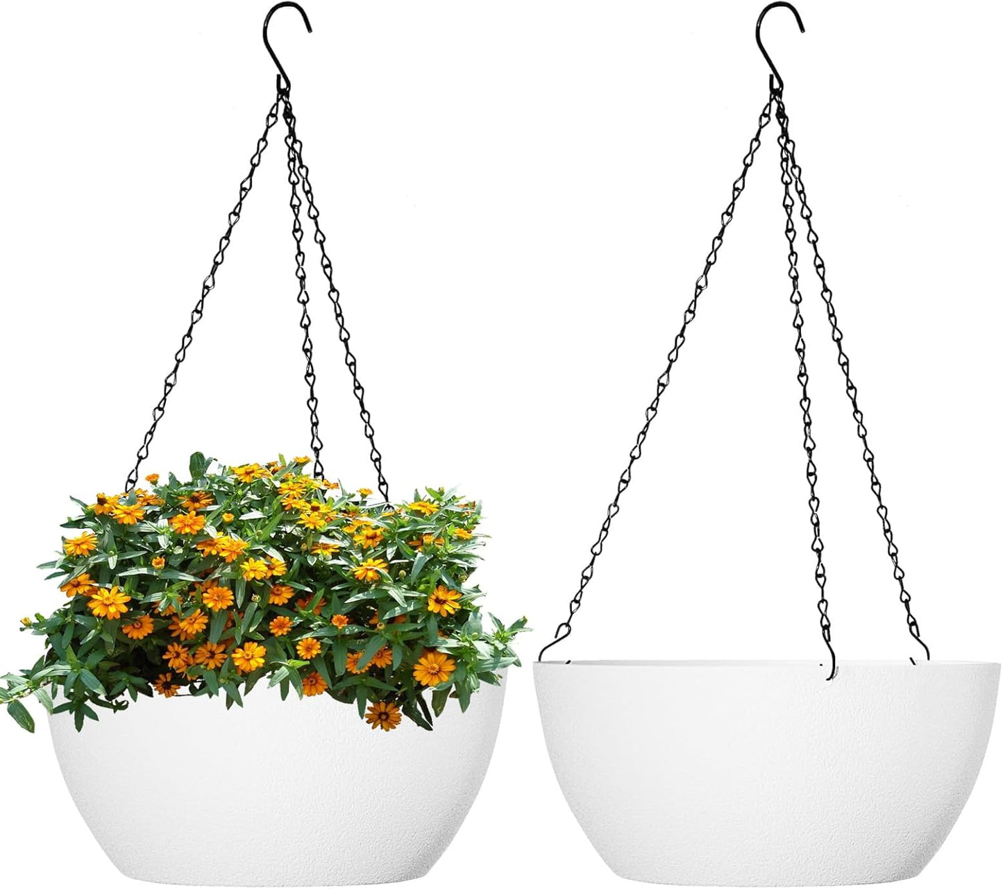 13 inch Large Hanging Planters Plant Pots for Outdoor Indoor Plants with Drainage Holes and Chain, 2 Pack Round Hanging Flower Pots for Garden Home Porch Decor, White