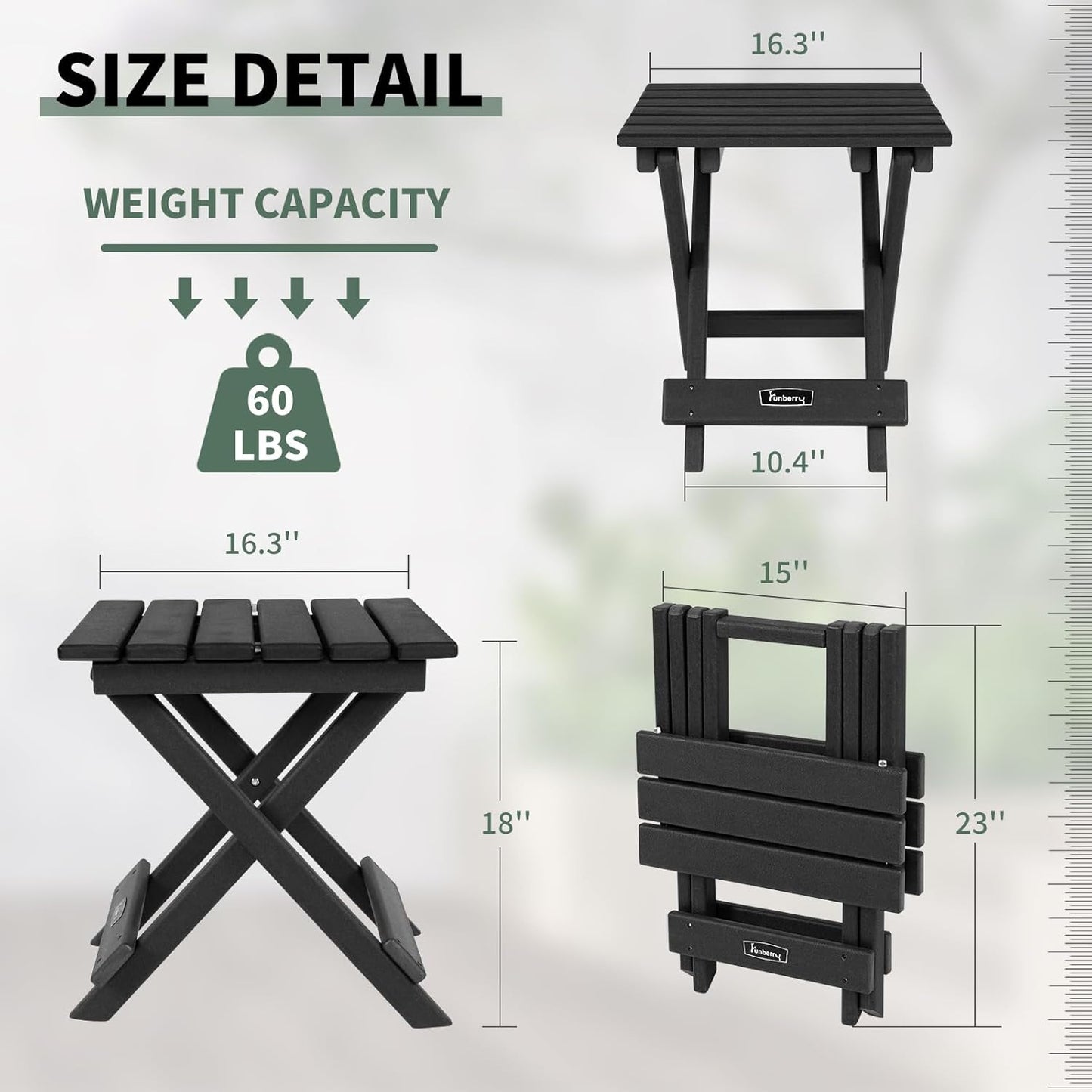 FUNBERRY Outdoor Folding Adirondack Side Table, Portable No Assembly Patio End Table HDPE All Weather