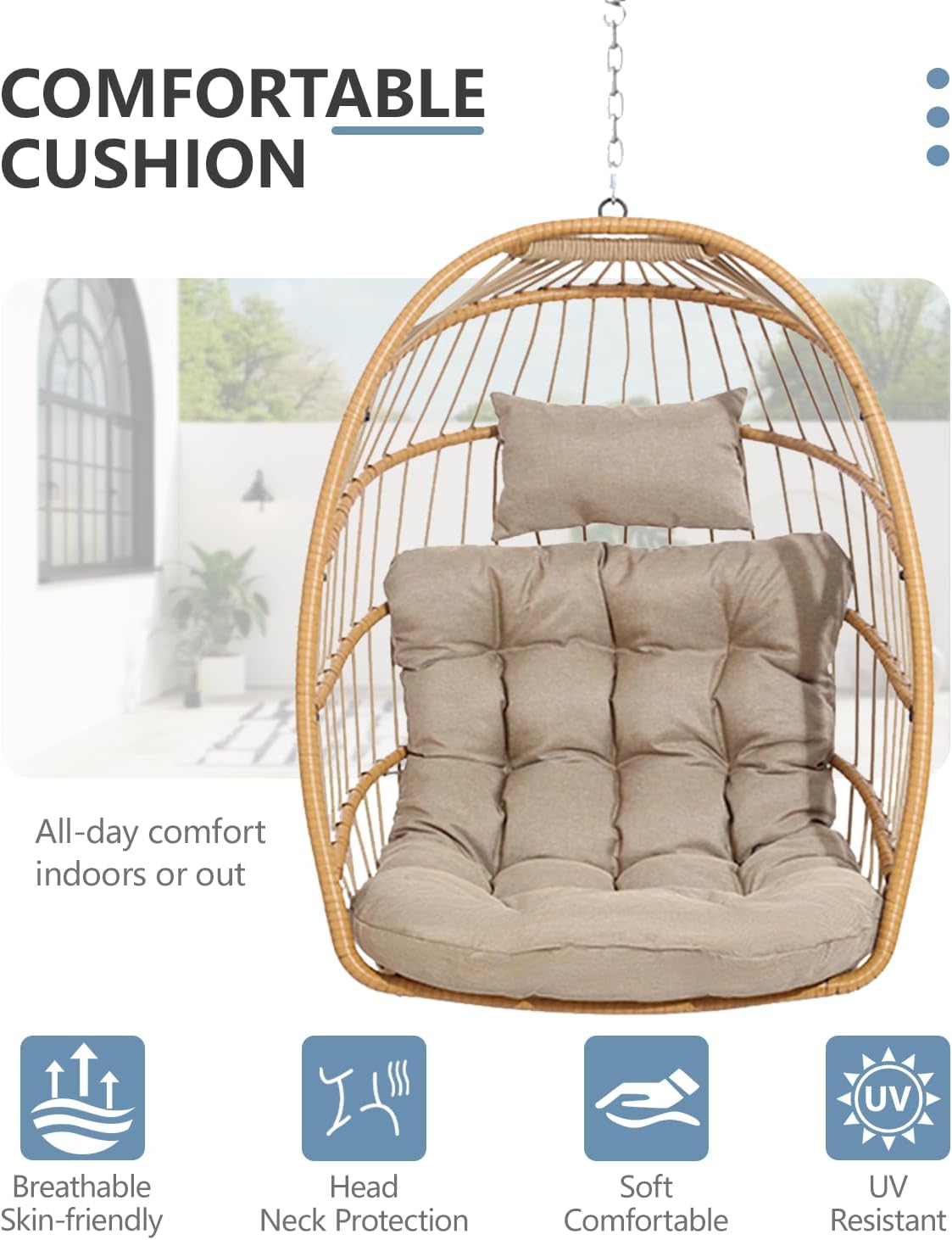 SWITTE Egg Chair Outdoor with Stand, Indoor Wicker Hanging Egg Swing Chair with Cushion, 350lbs Capacity for Patio, Bedroom, Garden - Cream