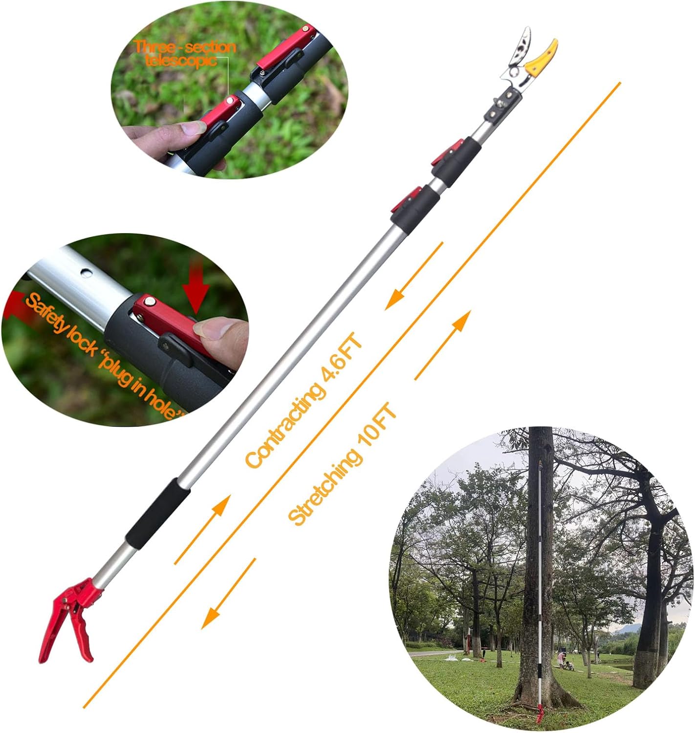 4.6-10ft Extendable Tree Pruner,Telescopic Tree Trimmer Pole Saw, Branch Cutter,Upgrade Steel Saw blade,Fruit Picker and Pruning Shears Gardening,Lightweight & Portable Lopper with a Fruit Mesh Bag