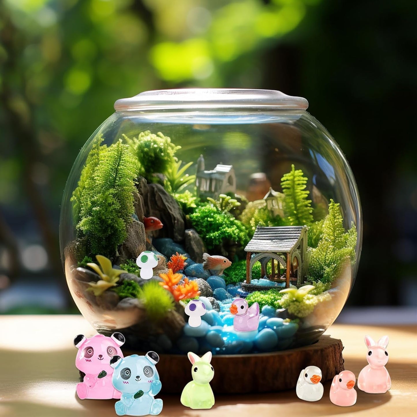 Luminous Mini Resin Animals - 138 Pcs Tiny Animals Mini Ducks Tortoise Rabbit Panda Mushroom Fruits Seashells Set Figurines Glow in The Dark Garden Miniatures Fairy Garden Accessories (138)