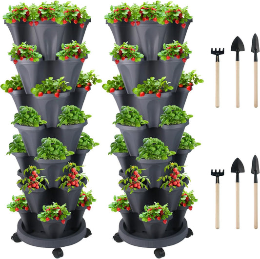 Vertical Planter 7 Tier Stackable Planters Garden Planters Strawberry Herb Flower and Vegetable Planter Indoor Outdoor Gardening Pots with Removable Wheels and Tools