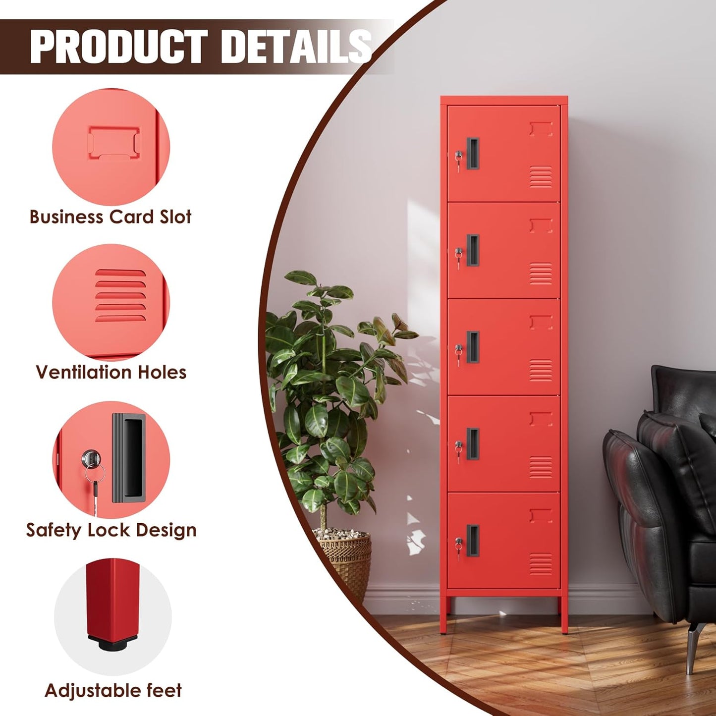 5 Doors Metal Storage Locker for Employees,Steel Home Office Storage Cabinet,66" H Employee Lockers with Adjustable Feet for School Gym Home Office, Assembly Required,Red