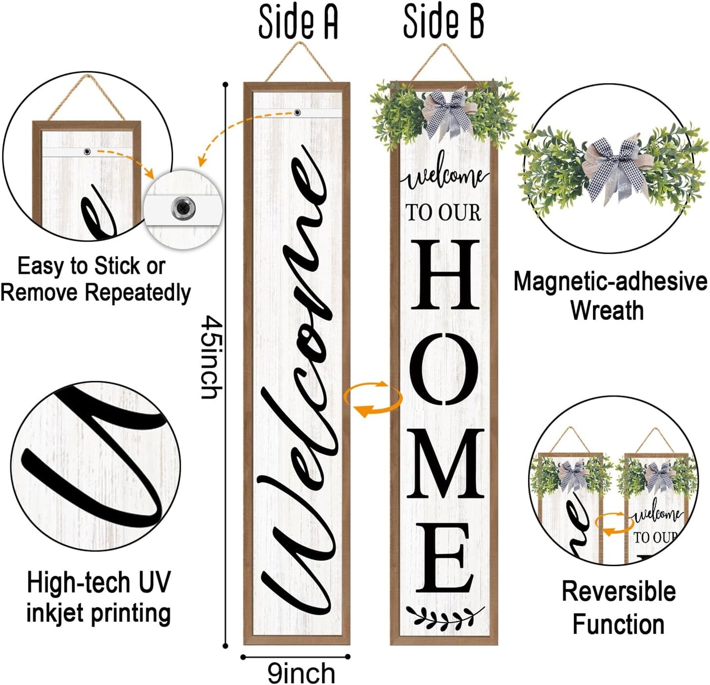 Double-sided Welcome to Our Home Wooden Sign Stand with Magnetic-adhesive Wreath for Front Door, 47" Vertical Farmhouse Welcome Porch Sign for Outdoor Patio Garden, 2in1 Large Tall Porch Leaner Decor
