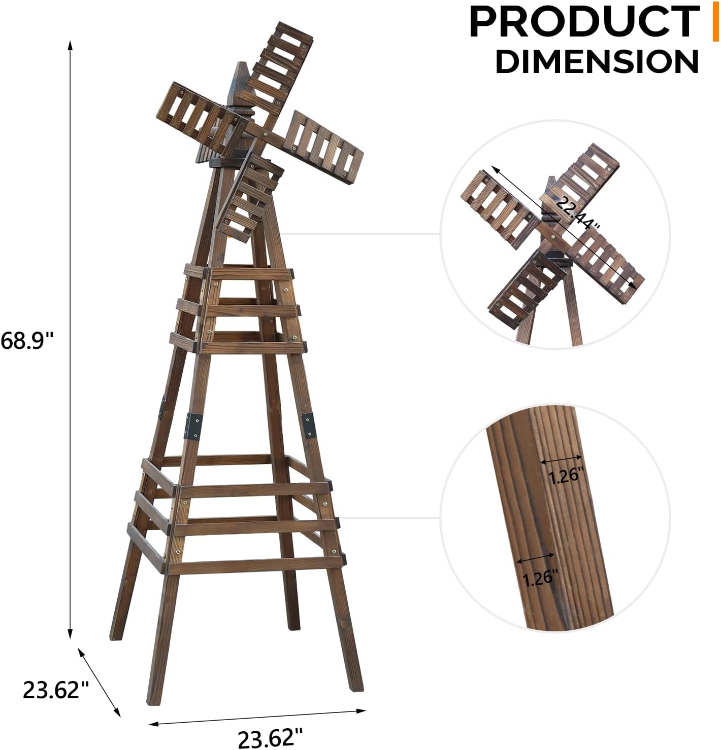 VINGLI Outdoor Yard Windmill, Wooden Wind Spinner for Garden Lawn Yard Patio Decoration (Carbonized Wood, Medium)