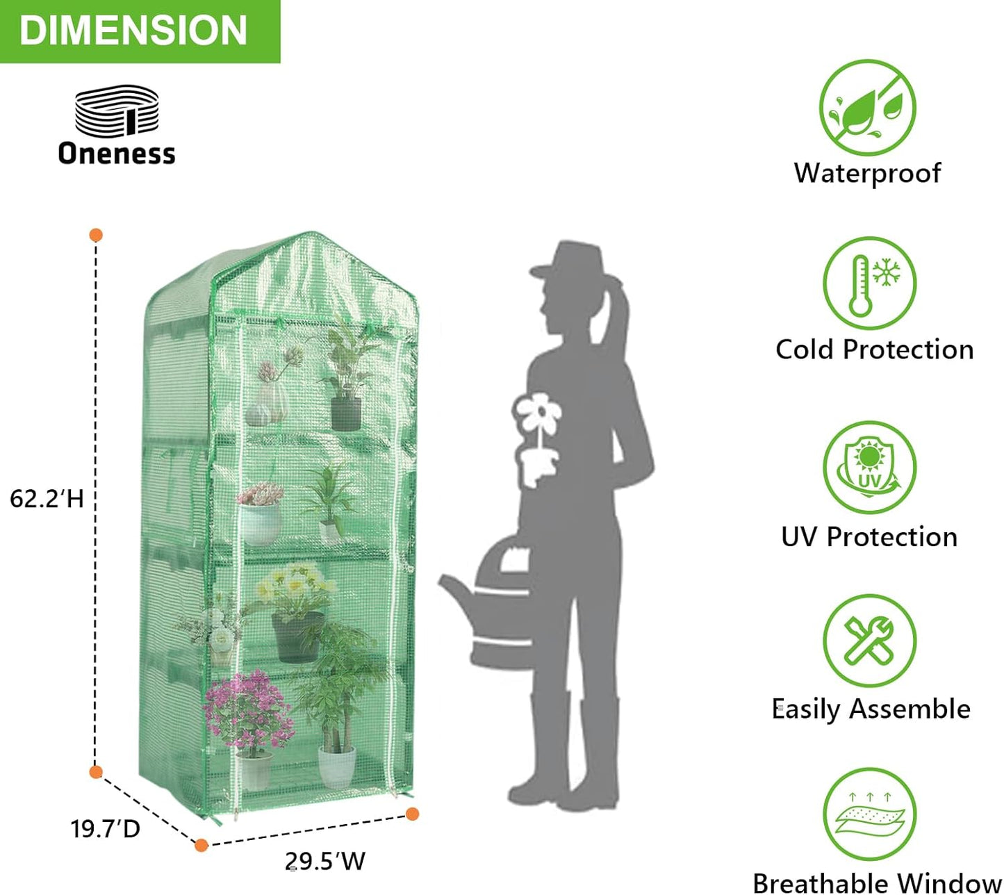 Oneness Mini 4-Tier Greenhouse, Indoor and Outdoor Reusable Portable Warm House with Green PVC Cover and Metal Shelf for Seeding in All Season, 29.5”W x 19.7”D x 62.2”H
