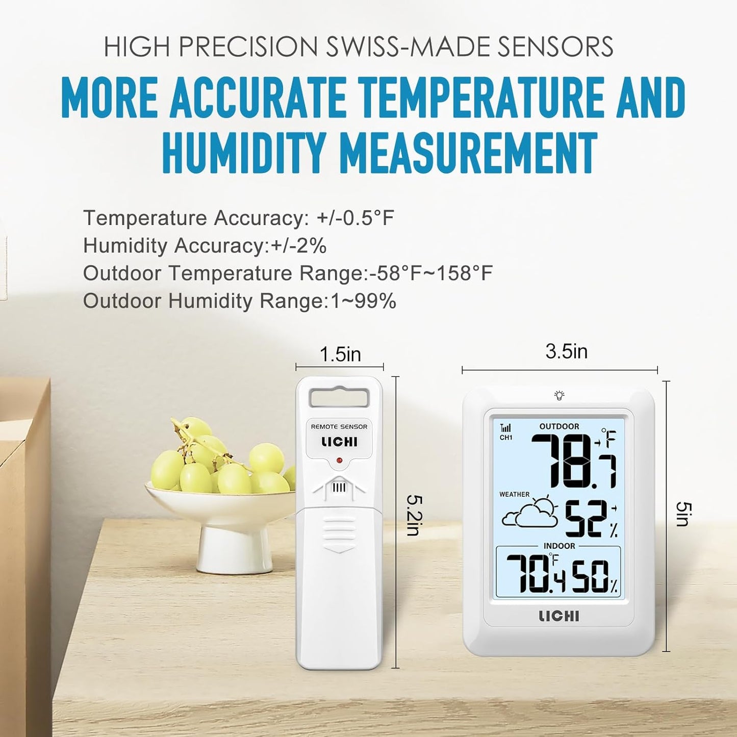 Indoor Outdoor Thermometer Wireless Weather Station, Internal External Thermometer Hygrometer, Home Batteryoperated Temperature Humiditymonitors330 Feet (About 100 Meters) Backlight Display (White)