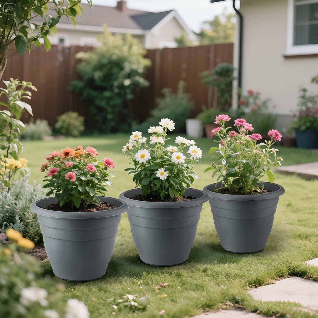 12 Inch Plant Pots, Large Planters for Outdoor Plants, Plastic Flower Pots - Durable and Lightweight with Drainage Holes (3 Packs, Gray)