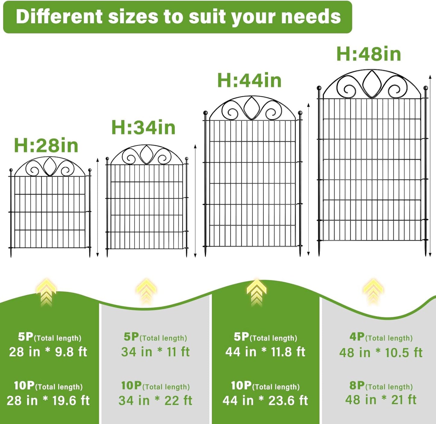 10 Panels No Dig Tall Garden Fence Panel – 34" H X 22' L Rustproof Metal Dog Fence Outdoor for Yard, Decorative Animal Barrier Fence for Pet, Garden Border, Patio, Flower Beds| Temporary Fencing