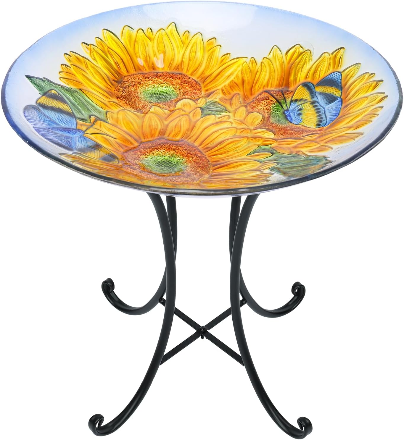 MUMTOP Outdoor Glass Birdbath with Metal Stand for Outside Lawn Yard Garden Sunflower Decor,18” Dia/21.65 Height