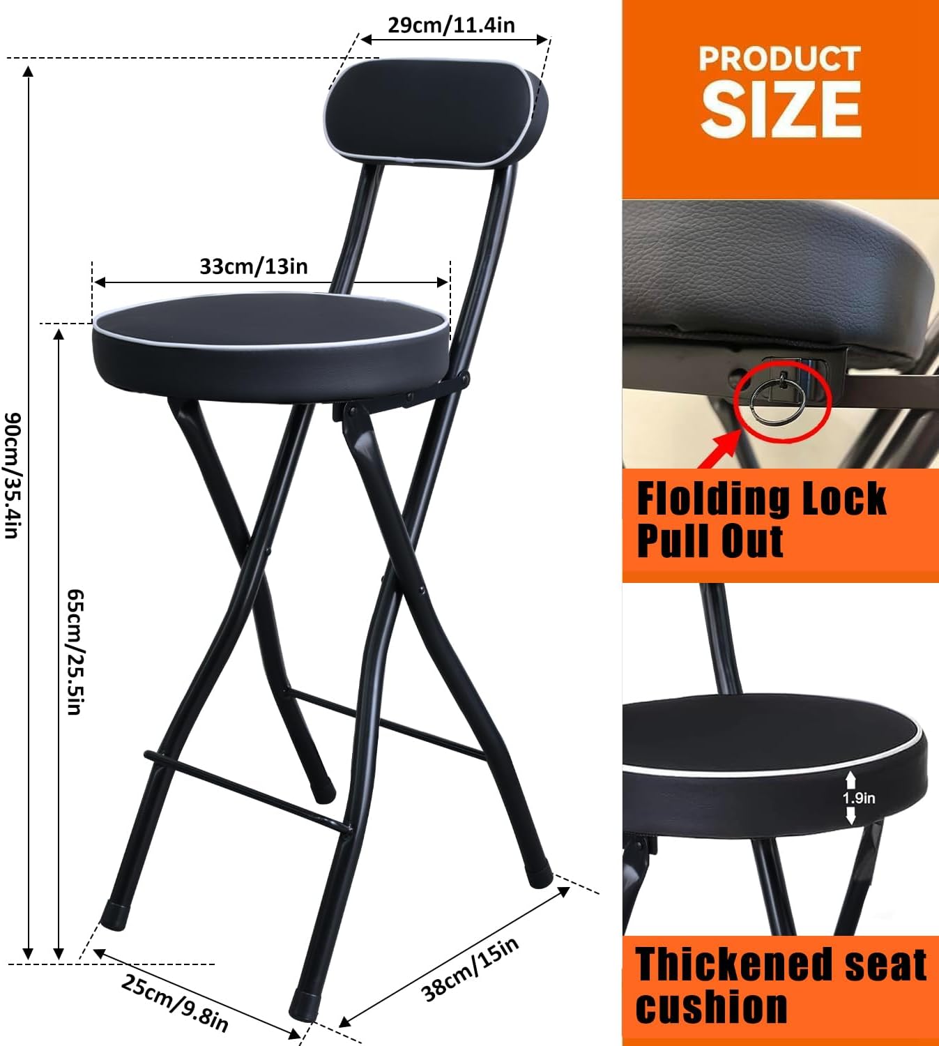 UWEAR 1 PCS Folding Bar Stool with Back, Tall Foldable Stool Leather Padded Portable Stools Counter Height Foldable Stools Chairs Collapsible Stool for Adults Kitchen Island (Black)