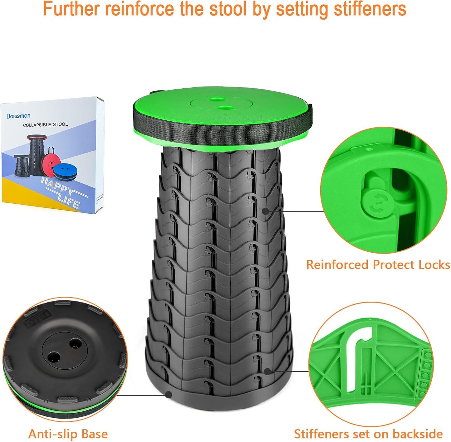 Boreeman Upgraded Folding Stool Lightweight Yet More Sturdy with Load Capacity 400lbs Portable Collapsible Stool for Camping Fishing Hiking BBQ (Green)