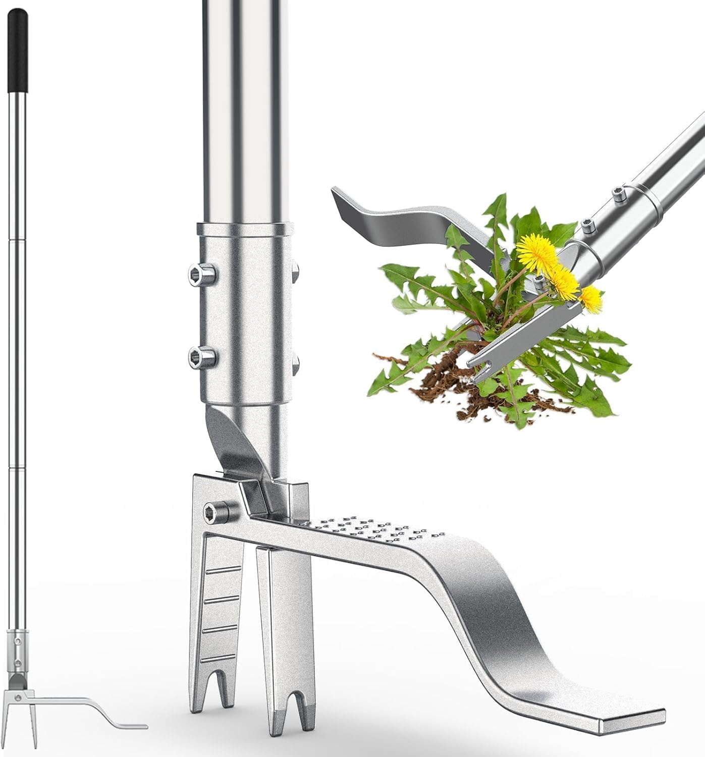 Stainless Steel Stand Up Weed Puller Tool with Long Handle, Thickened 304 Stainless Steel Foot Pedals & 2-Claw Head, Weeding Weed Remove Tool for Lawn/Yard