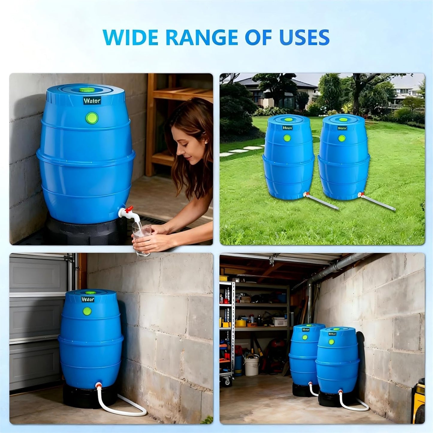 SQUEEZE master 50 Gallon Water Collection Barrel-Drinking Water Storage Barrel with Spigots-Emergency Water Supply System