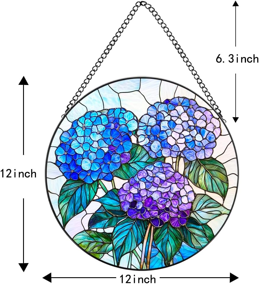 Handmade Hydrangea Flower Stained Glass Suncatcher - Vibrant Window Décor for Home/Garden,Gift-Ready Sun Catcher Art with Hook (Blue, 9.8 * 9.8IN)