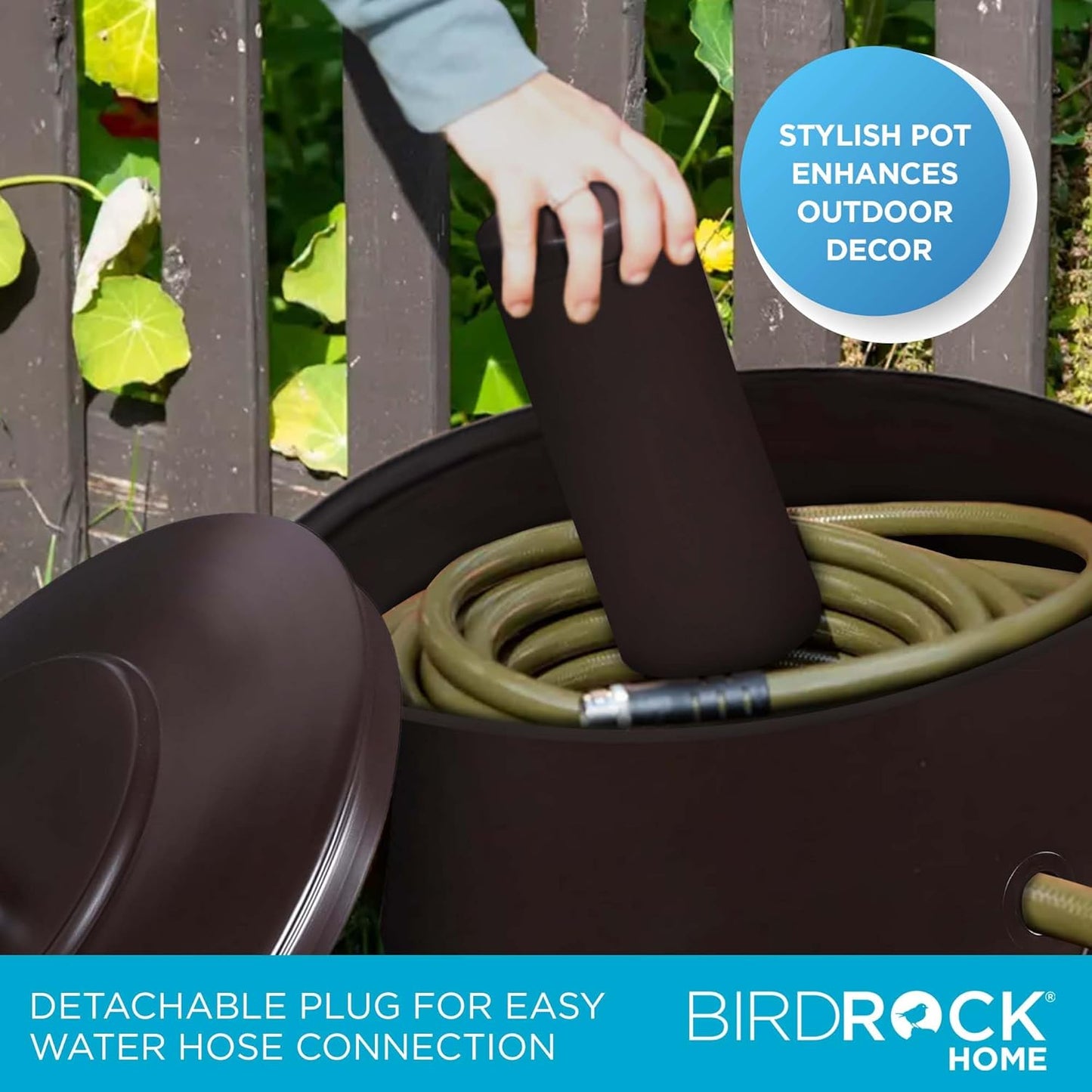 BirdRock Home Decorative Footed Water Hose Holder Pot with Lid | Holds 100ft Hose | Ground Garden Box | Powdered Coated Steel | Metal Hider | Outdoor or Indoor (Oil Rubbed Bronze)