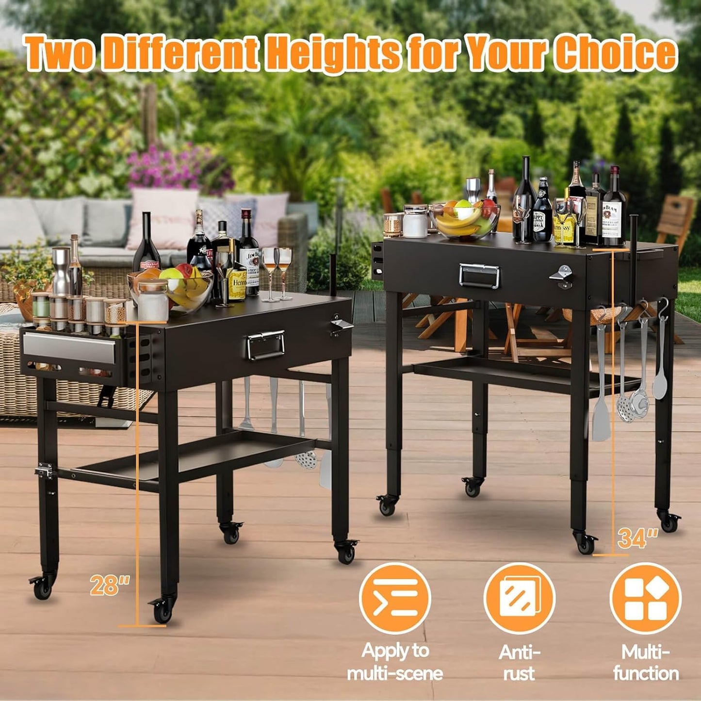 Grill Table for Ninja Woodfire OG700, Foldable Grill Cart for Blackstone, Weber, Ooni Pizza Oven, Upgraded Portable Outdoor Grill Stand, Adjustable Height, with Caddy, Paper Towel Holder, 4 Wheels