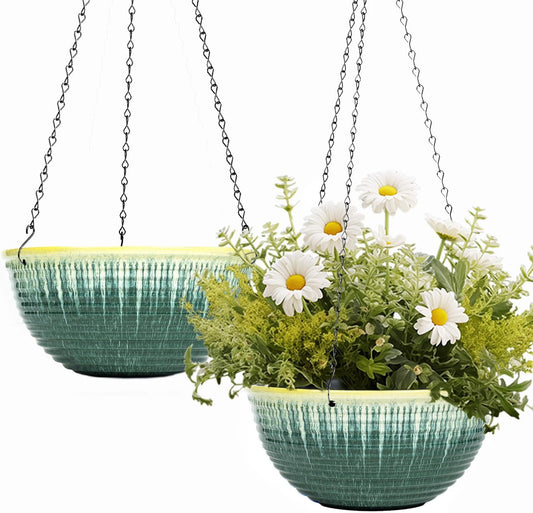 10in Hanging Planters for Indoor and Outdoor Plants, 2 Pack Hanging Planter with Drainage Hole, Round Hanging Flower Pots for Garden Home Decor (Green Glaze)